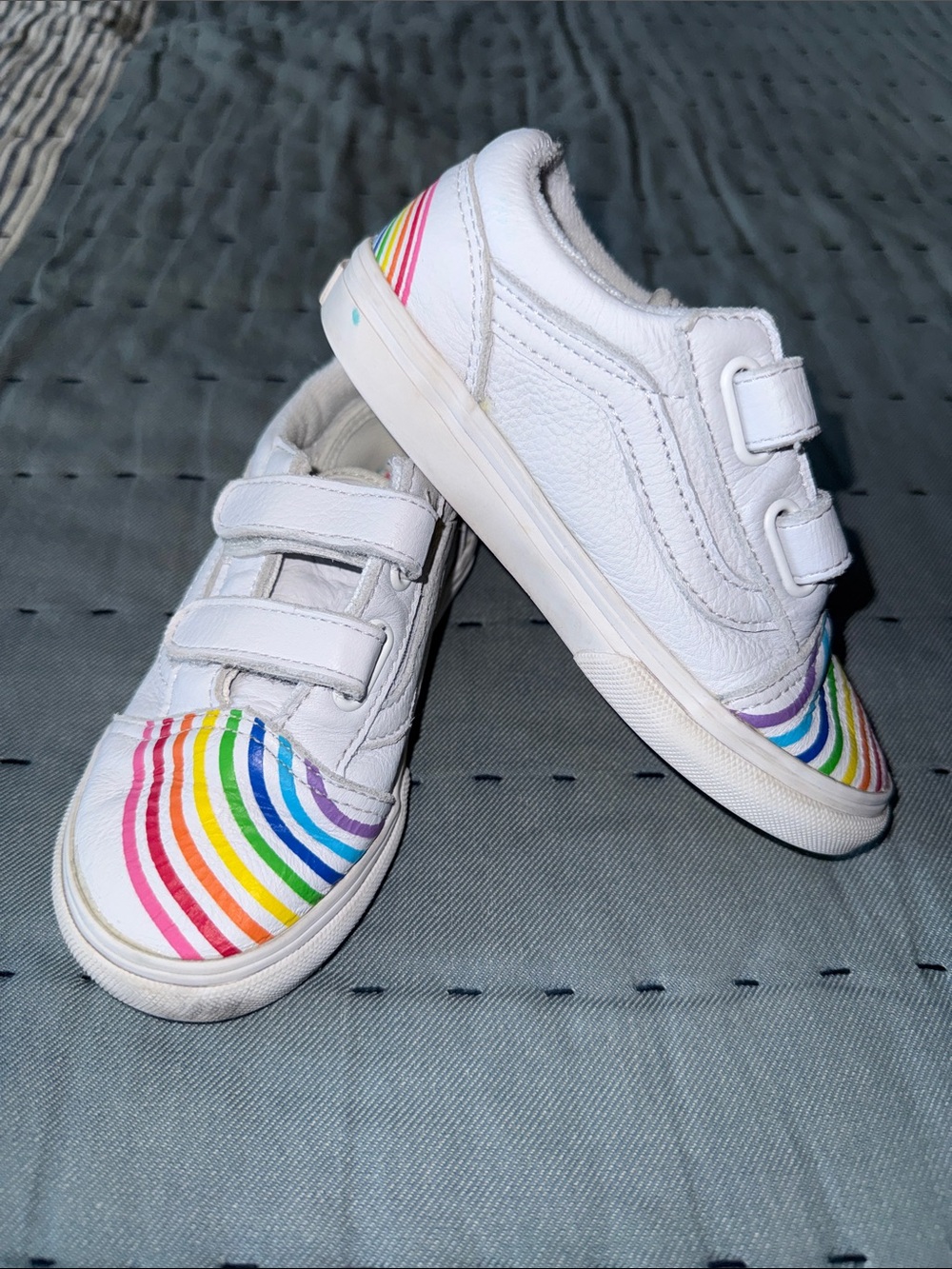 Vans White Kids Sneakers with Rainbow Stripe Toe & Heel